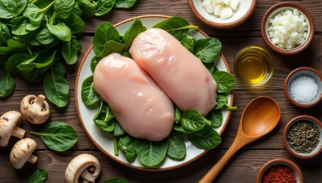 Fresh ingredients for chicken spinach mushroom recipe Fresh ingredients for chicken spinach mushroom recipe