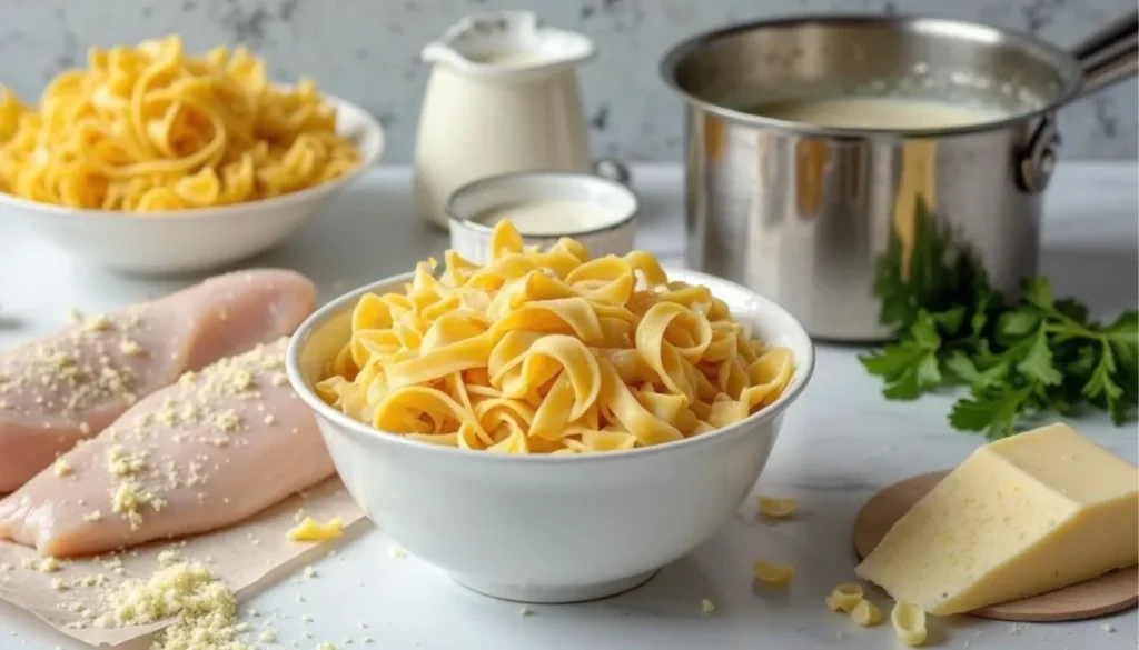 Fresh ingredients for chicken alfredo