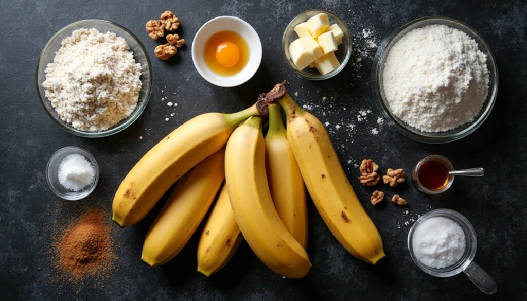 Banana bread ingredients laid out on kitchen counter Banana bread ingredients laid out on kitchen counter