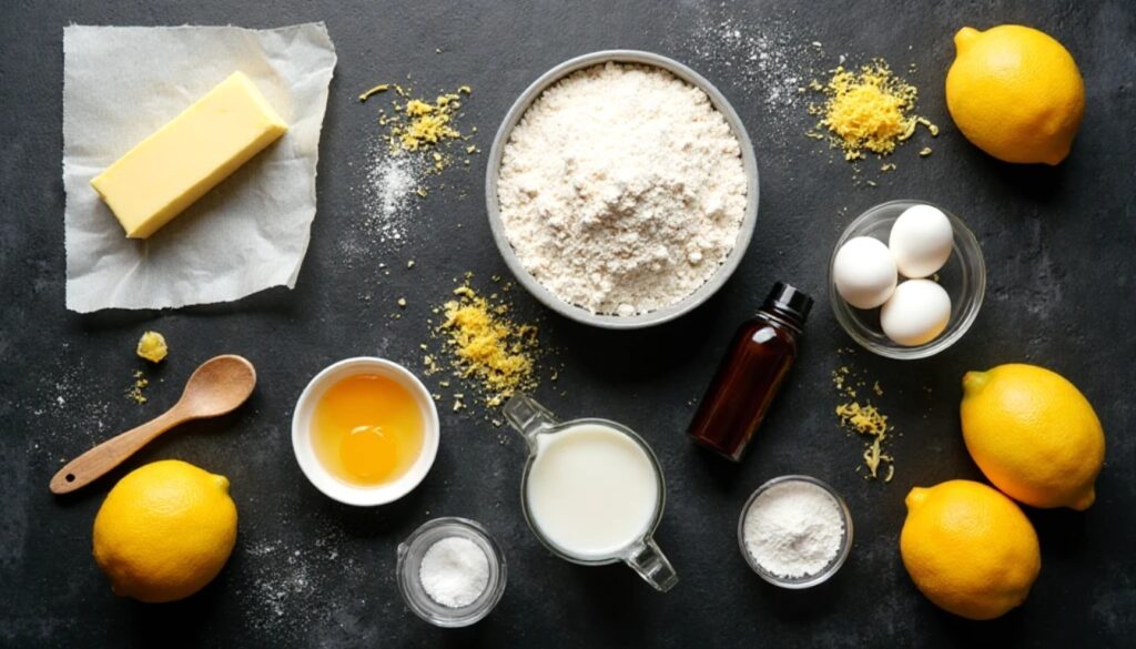 Southern Lemon Pound Cake Ingredients An overhead flat-lay composition of lemon pound cake ingredients styled on a dark slate background for bold contrast. At the top lies a stick of butter on parchment, creamy and golden. A bowl of flour rests beside a glass of white sugar, with grains glistening under sharp lighting. A pair of cracked eggs in a ramekin show glowing yolks, while whole lemons and freshly grated lemon zest are scattered across the surface. A tiny glass pitcher of milk reflects the light, and a dark amber bottle of vanilla extract sits nearby. Baking powder is presented in a small silver spoon. The arrangement is precise, modern, and vibrant, showcasing every ingredient with crisp textures and rich tones.